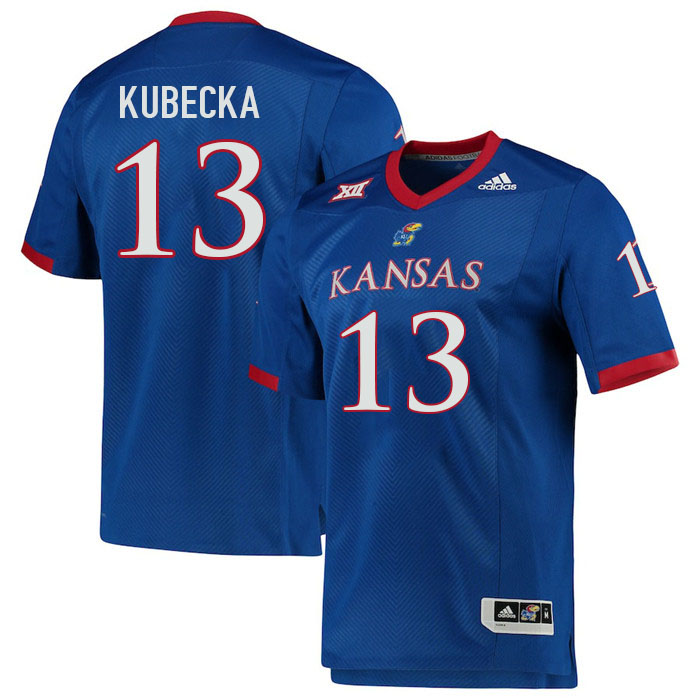 Men #13 Keaton Kubecka Kansas Jayhawks College Football Jerseys Stitched Sale-Royal - Click Image to Close